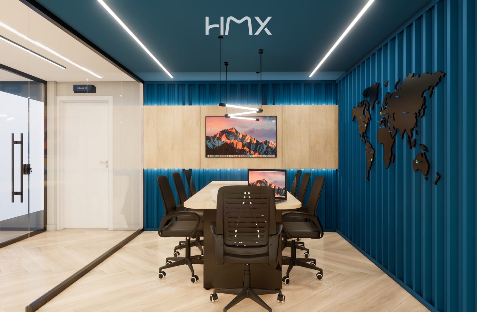 Sala de reunião com painel ripado azul e mapa-múndi aplicado na parede.